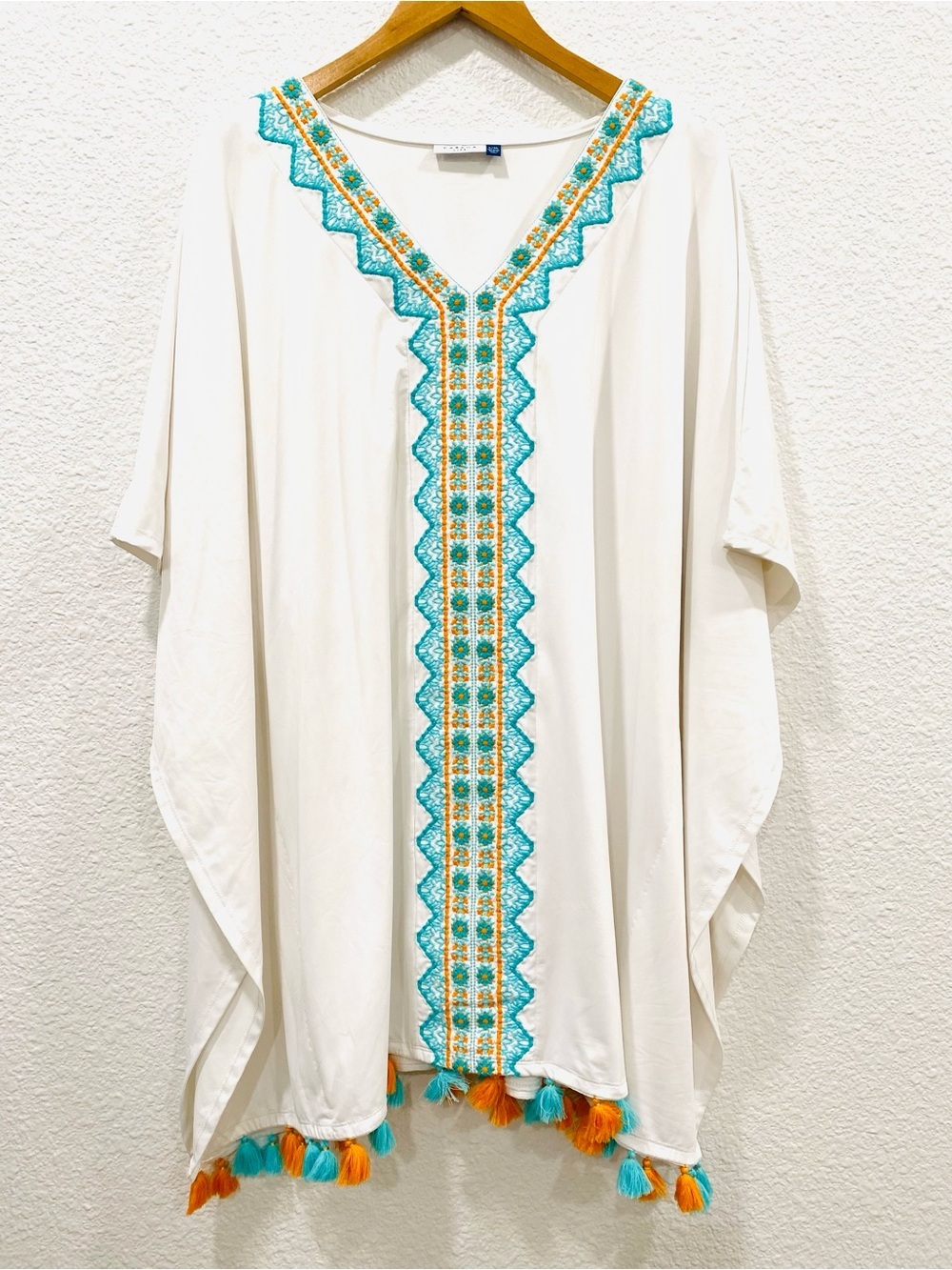 Cabana Life Swim Cover Up Kaftan Women’s L/XL White Embroidered Tassel Resort